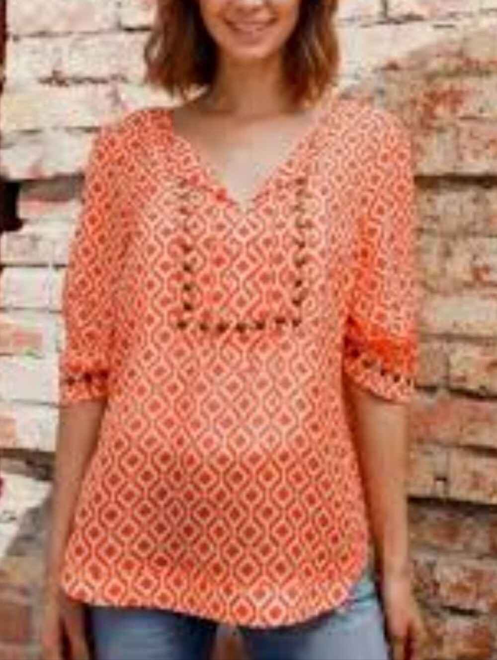41 Hawthorn Orange & White Semi Sheer Geometric V-Neck Short Sleeve Blouse M
